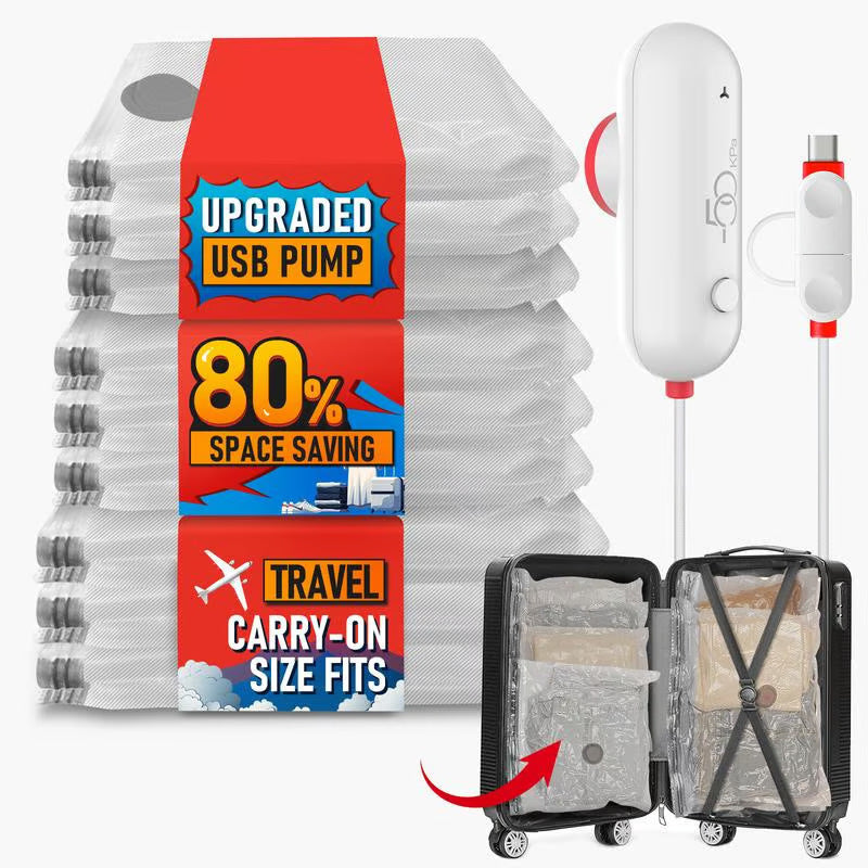 Electric Vacuum Compression Travel Bags with Pump (6–12 Pack)
