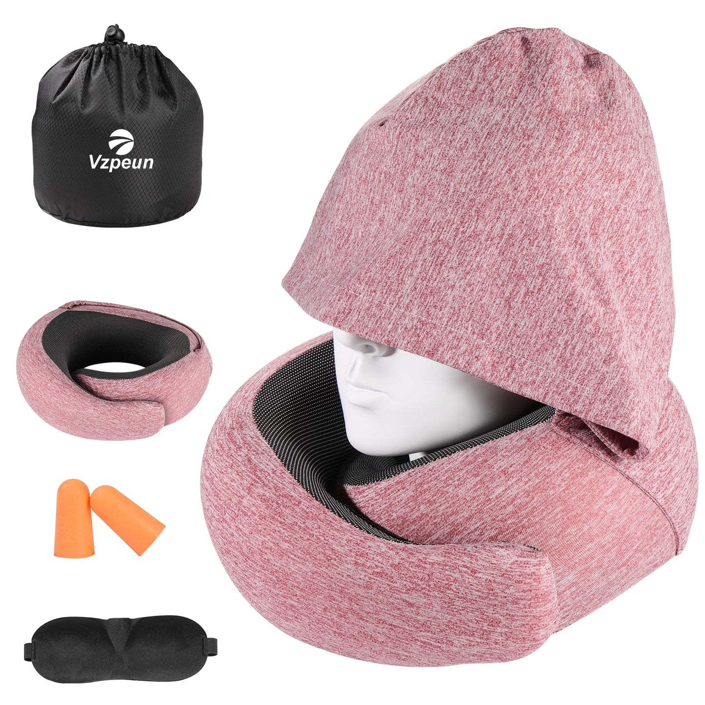 Travel Pillow - Hooded Neck Pillow Airplane Memory Foam Filling for Plane, Office, Cars Sleeping, Road Trip, Long Flights, Portable Plane Accessories, Includes Eye Mask & Earplugs (Green)