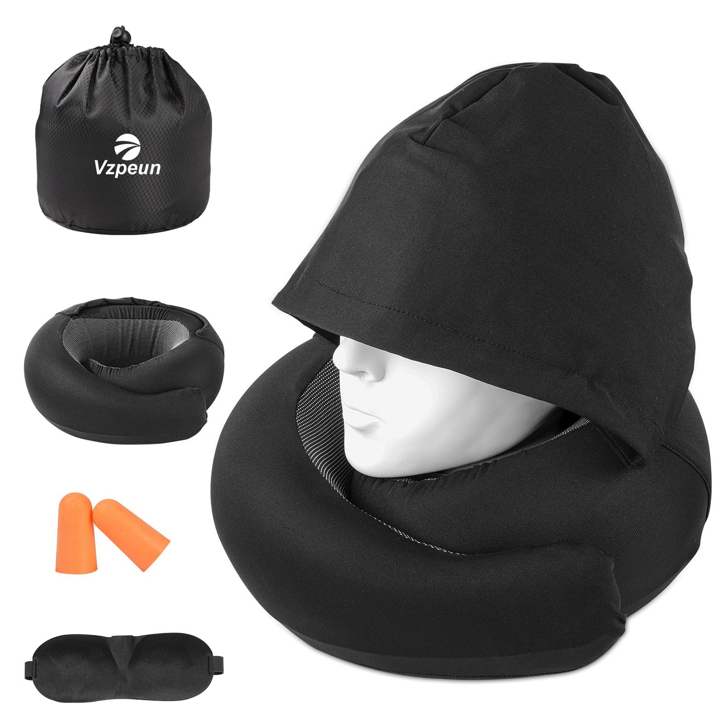 Travel Pillow - Hooded Neck Pillow Airplane Memory Foam Filling for Plane, Office, Cars Sleeping, Road Trip, Long Flights, Portable Plane Accessories, Includes Eye Mask & Earplugs (Green)