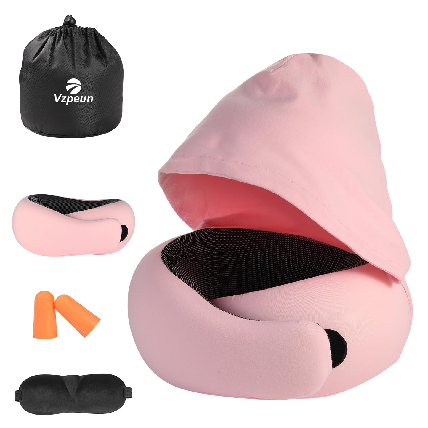 Travel Pillow - Hooded Neck Pillow Airplane Memory Foam Filling for Plane, Office, Cars Sleeping, Road Trip, Long Flights, Portable Plane Accessories, Includes Eye Mask & Earplugs (Green)