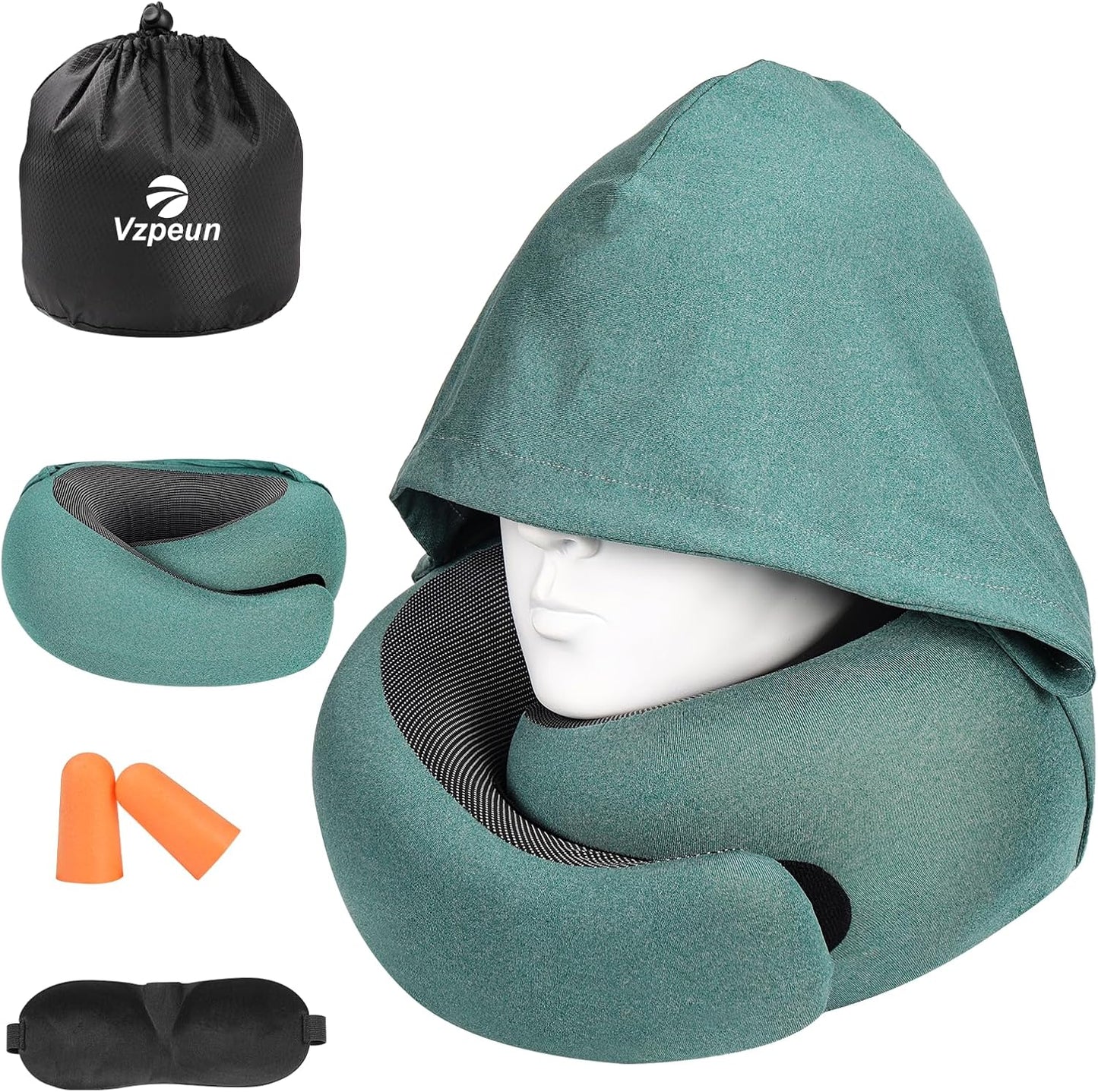 Travel Pillow - Hooded Neck Pillow Airplane Memory Foam Filling for Plane, Office, Cars Sleeping, Road Trip, Long Flights, Portable Plane Accessories, Includes Eye Mask & Earplugs (Green)