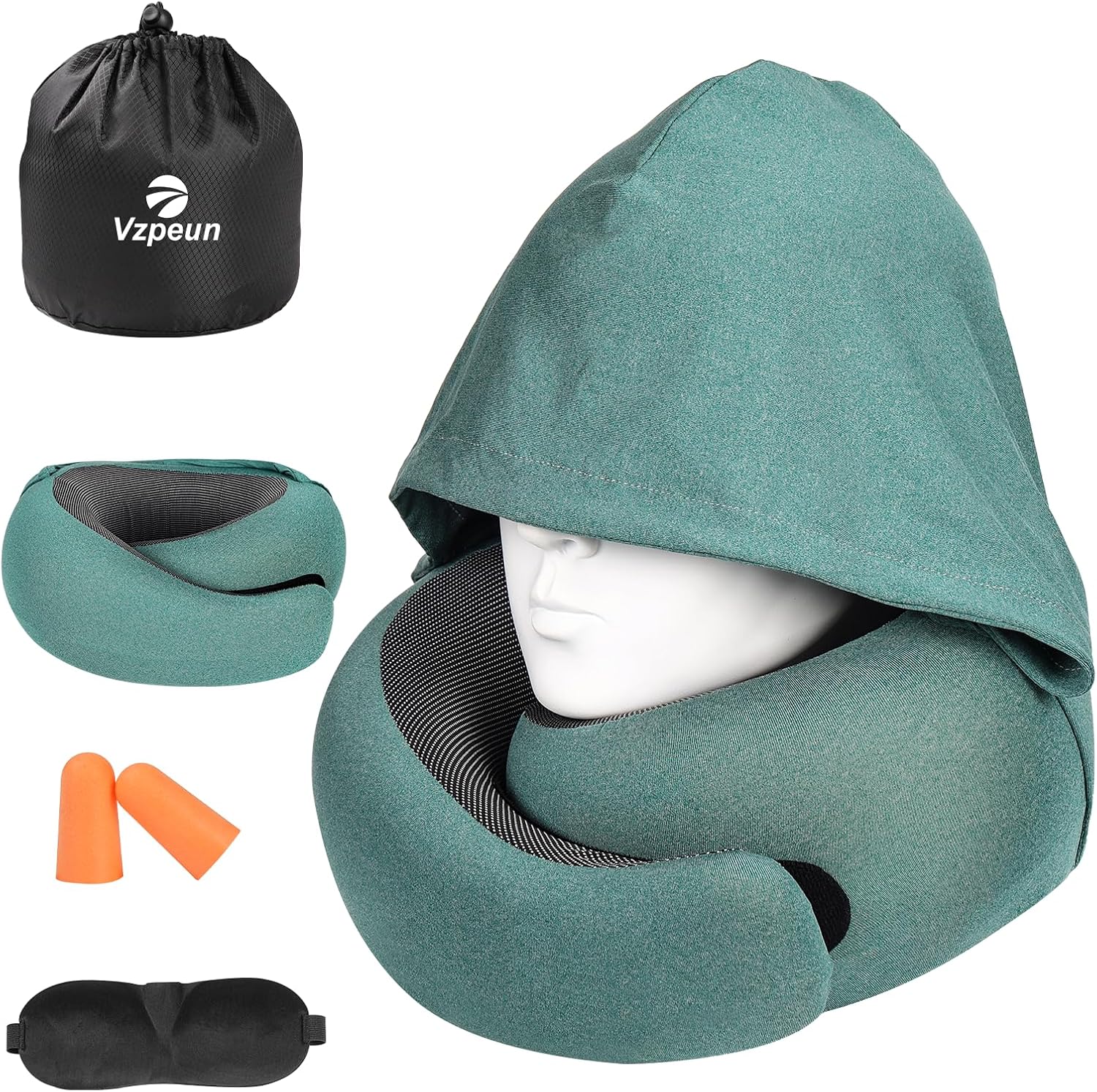 Travel Pillow - Hooded Neck Pillow Airplane Memory Foam Filling for Plane, Office, Cars Sleeping, Road Trip, Long Flights, Portable Plane Accessories, Includes Eye Mask & Earplugs (Green)