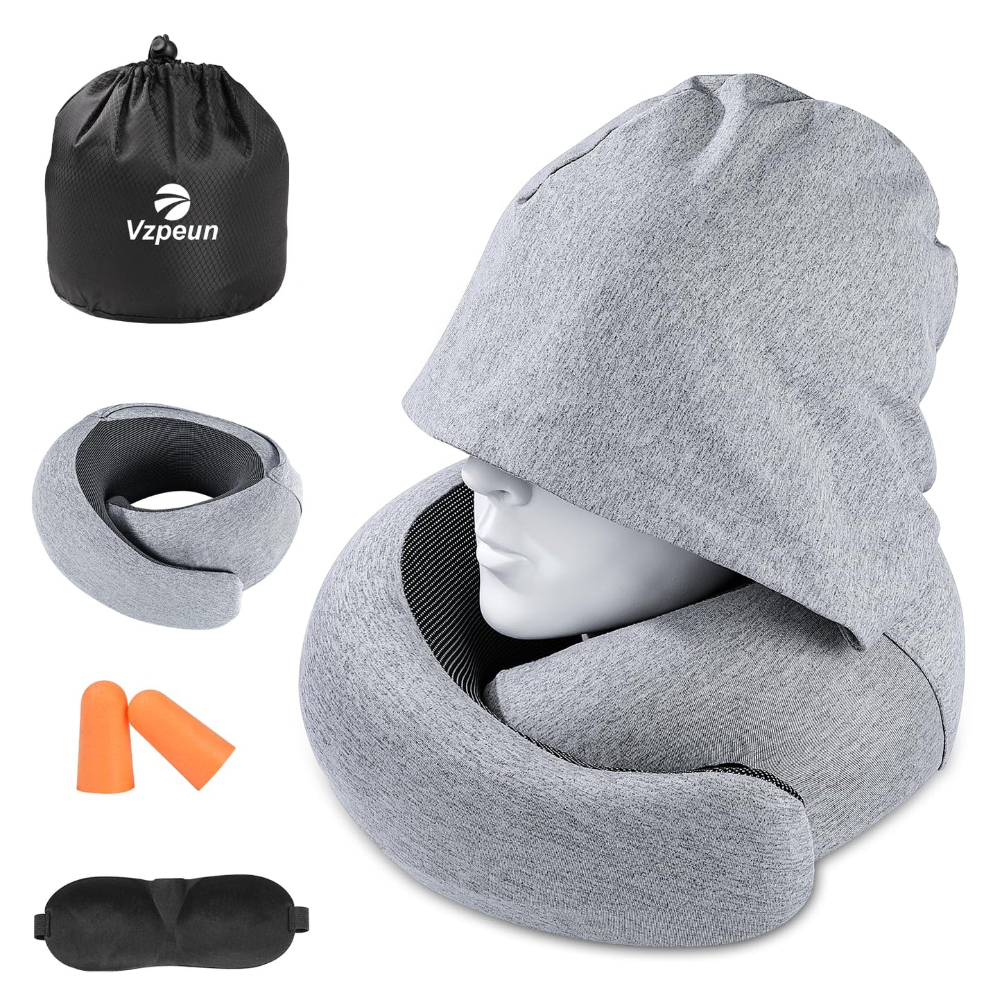 Travel Pillow - Hooded Neck Pillow Airplane Memory Foam Filling for Plane, Office, Cars Sleeping, Road Trip, Long Flights, Portable Plane Accessories, Includes Eye Mask & Earplugs (Green)