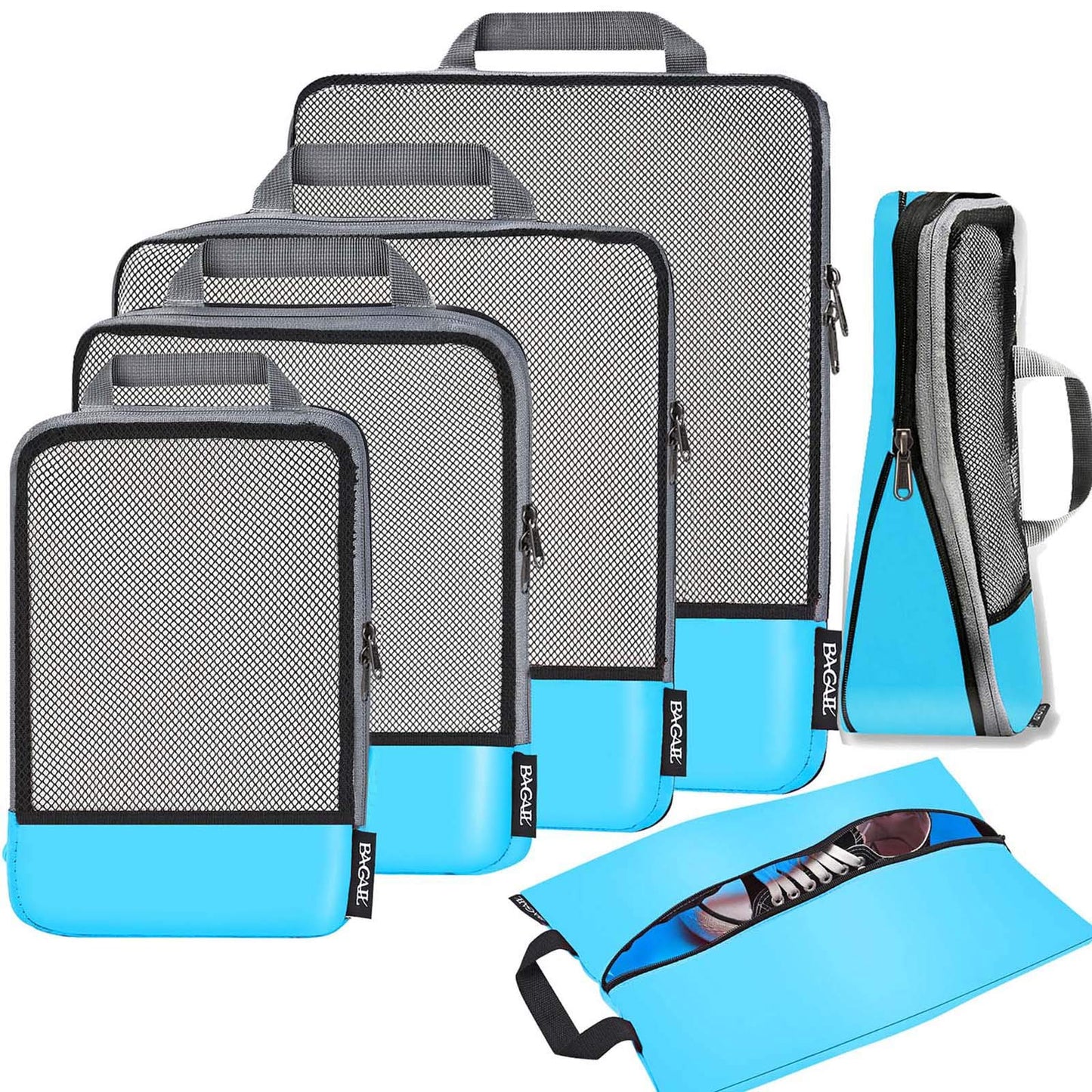 BAGAIL 4 Set/6 Set/8 Set Compression Packing Cubes Travel Accessories Expandable Packing Organizers (Half Mesh, 6-Black)
