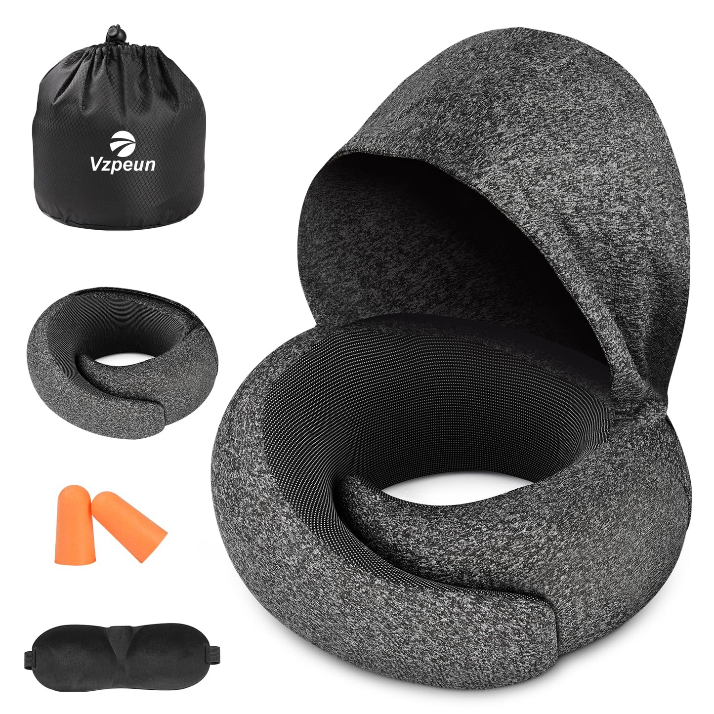 Travel Pillow - Hooded Neck Pillow Airplane Memory Foam Filling for Plane, Office, Cars Sleeping, Road Trip, Long Flights, Portable Plane Accessories, Includes Eye Mask & Earplugs (Green)