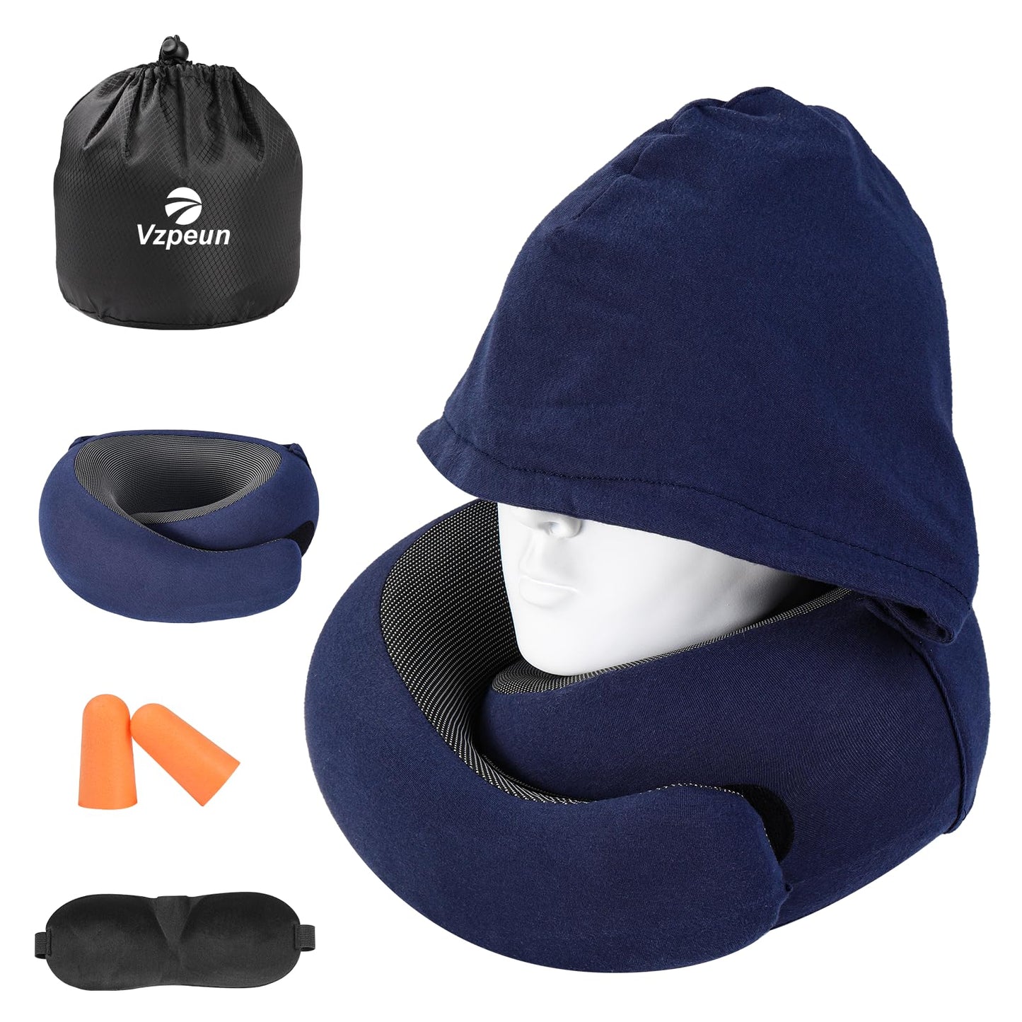 Travel Pillow - Hooded Neck Pillow Airplane Memory Foam Filling for Plane, Office, Cars Sleeping, Road Trip, Long Flights, Portable Plane Accessories, Includes Eye Mask & Earplugs (Green)