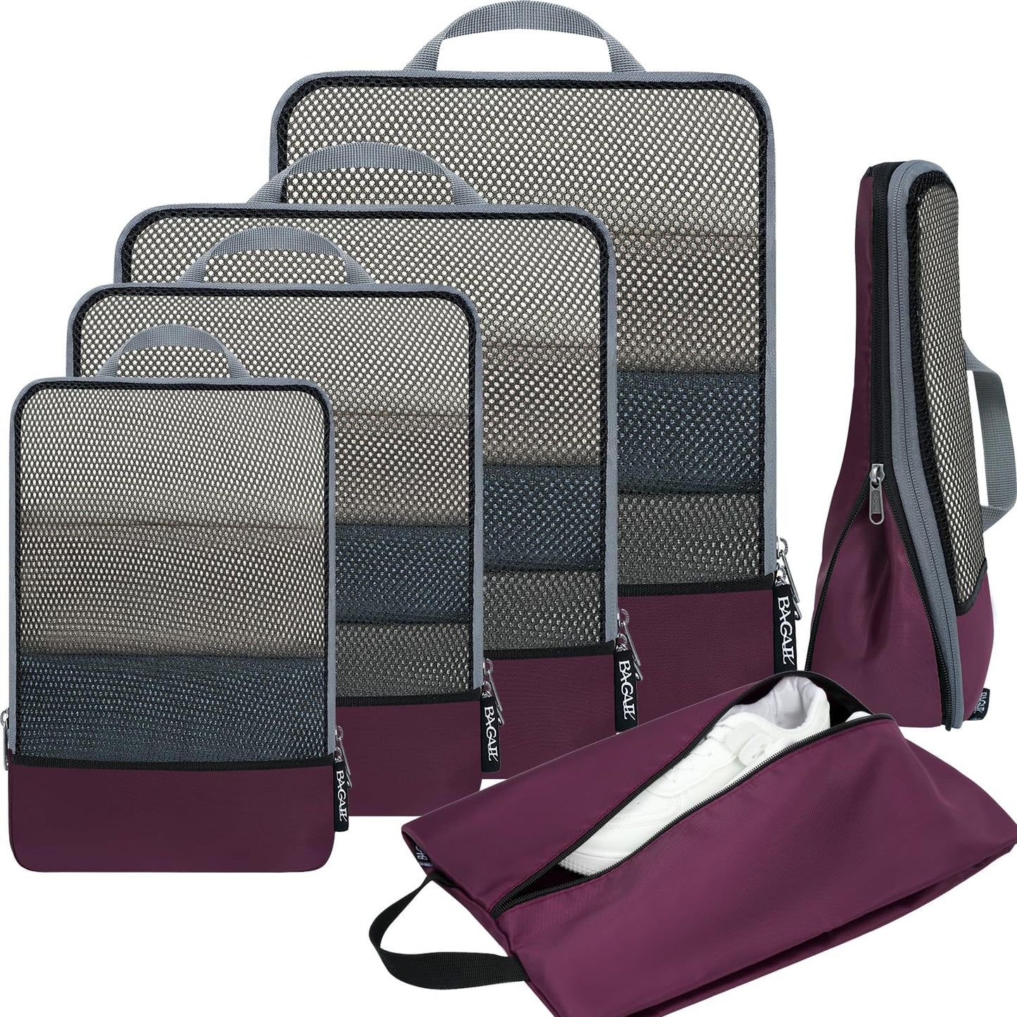BAGAIL 4 Set/6 Set/8 Set Compression Packing Cubes Travel Accessories Expandable Packing Organizers (Half Mesh, 6-Black)